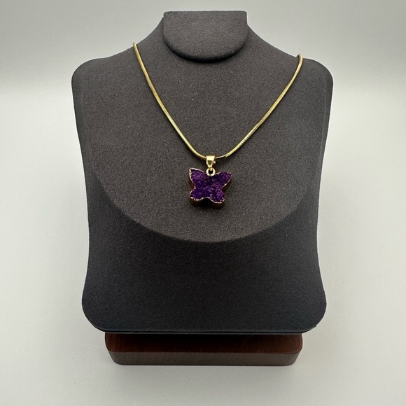 Purple Druzy Butterfly Pendant Necklace on Gold Stainless Steel Snake Chain - Picture 2 of 5